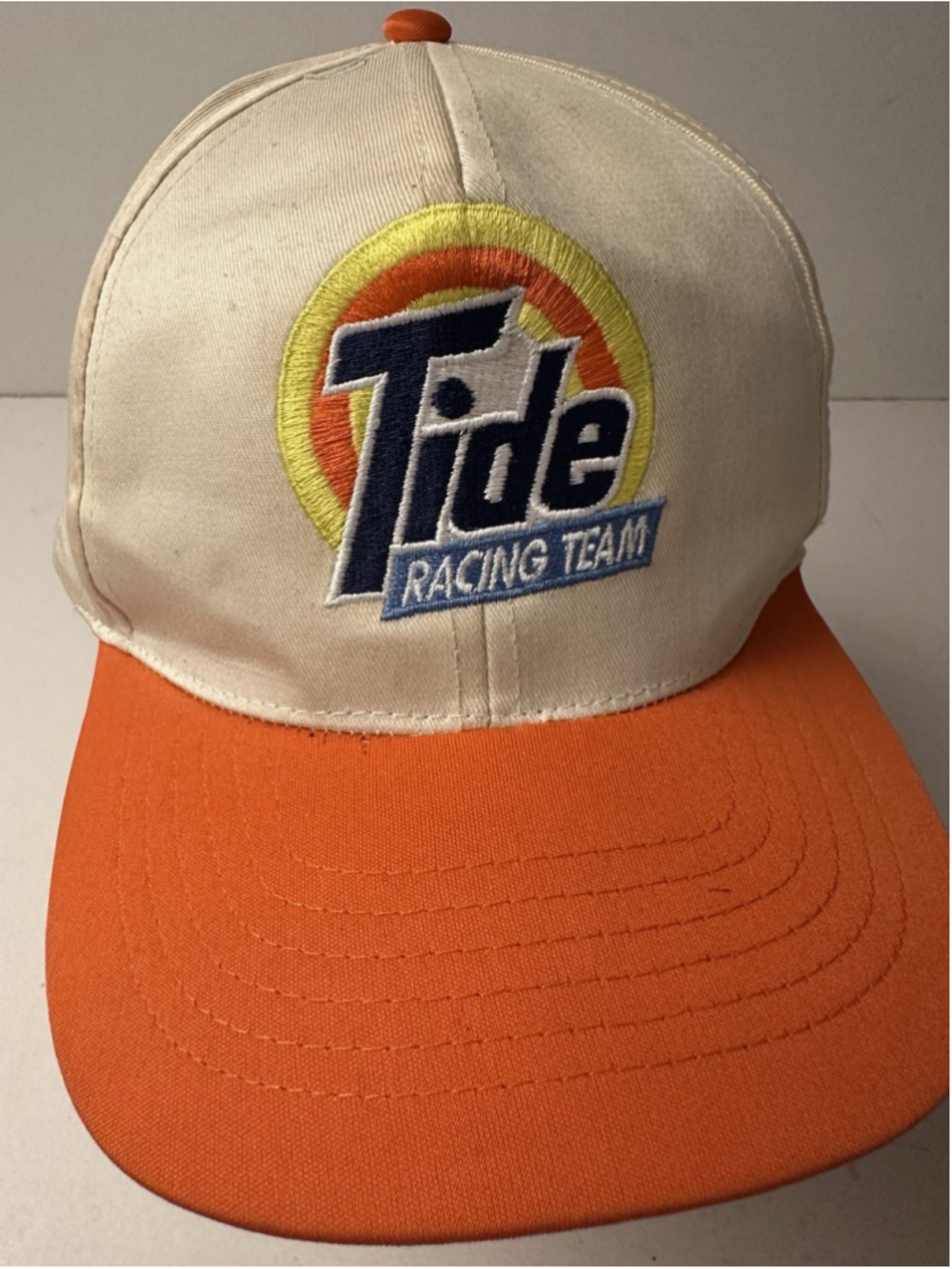Vintage Tide Racing Team Snapback Hat Cap Off White Orange NASCAR Trucker 80s